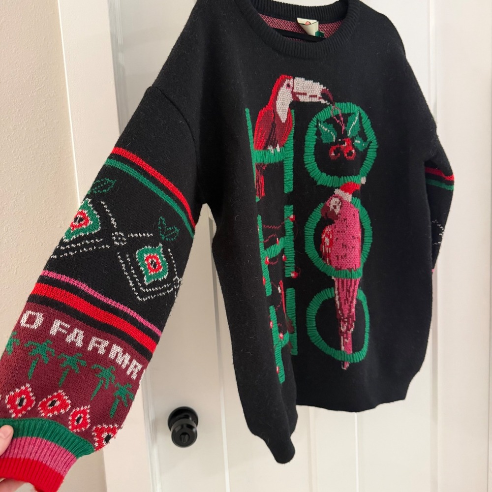 Farm Rio Hohoho Black Knit Sweater Tropical Toucan Christmas Womens M NEW Boho - Picture 3 of 6